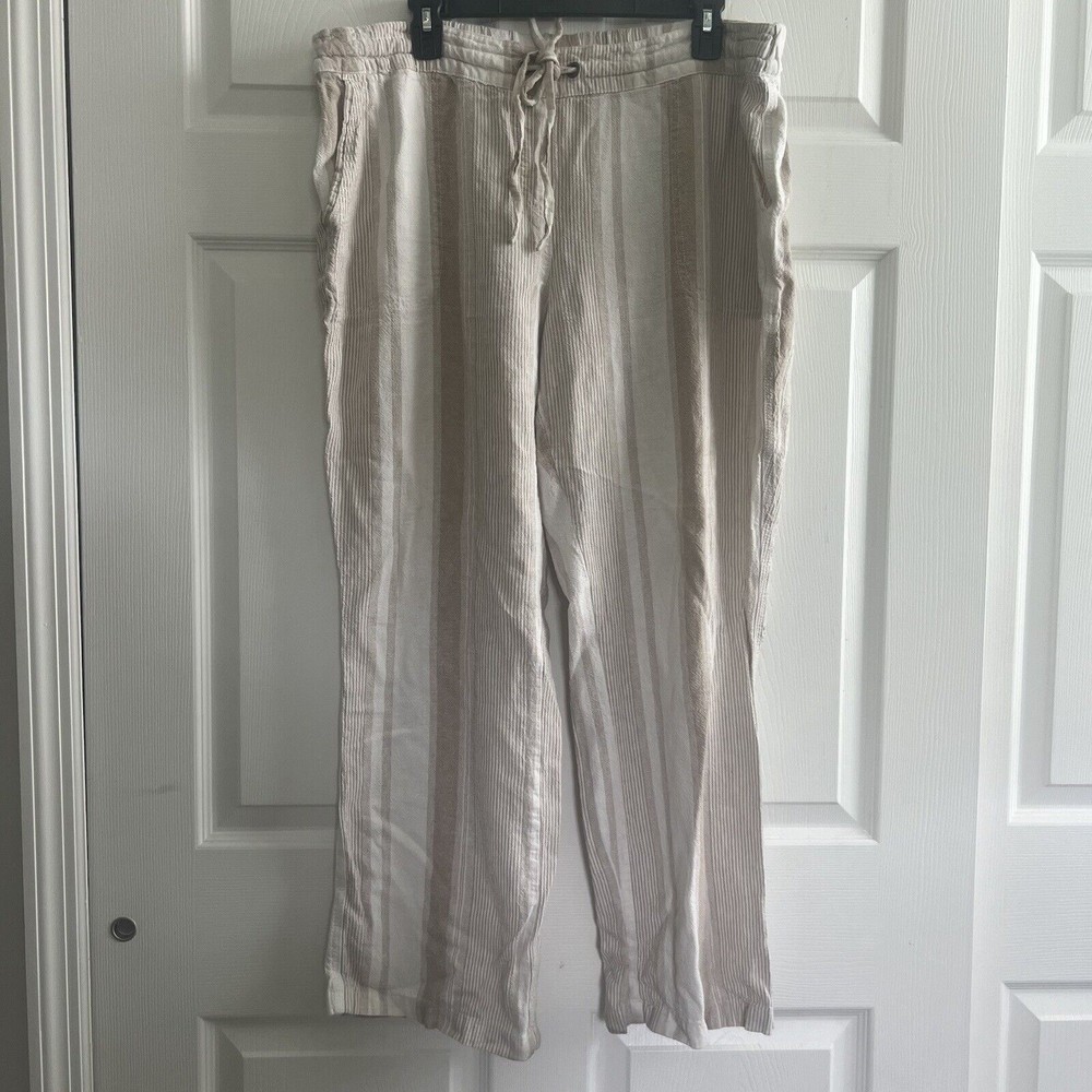 Per Se Women's Large Linen Blend Drawstring Striped Coastal Wide Leg Pants